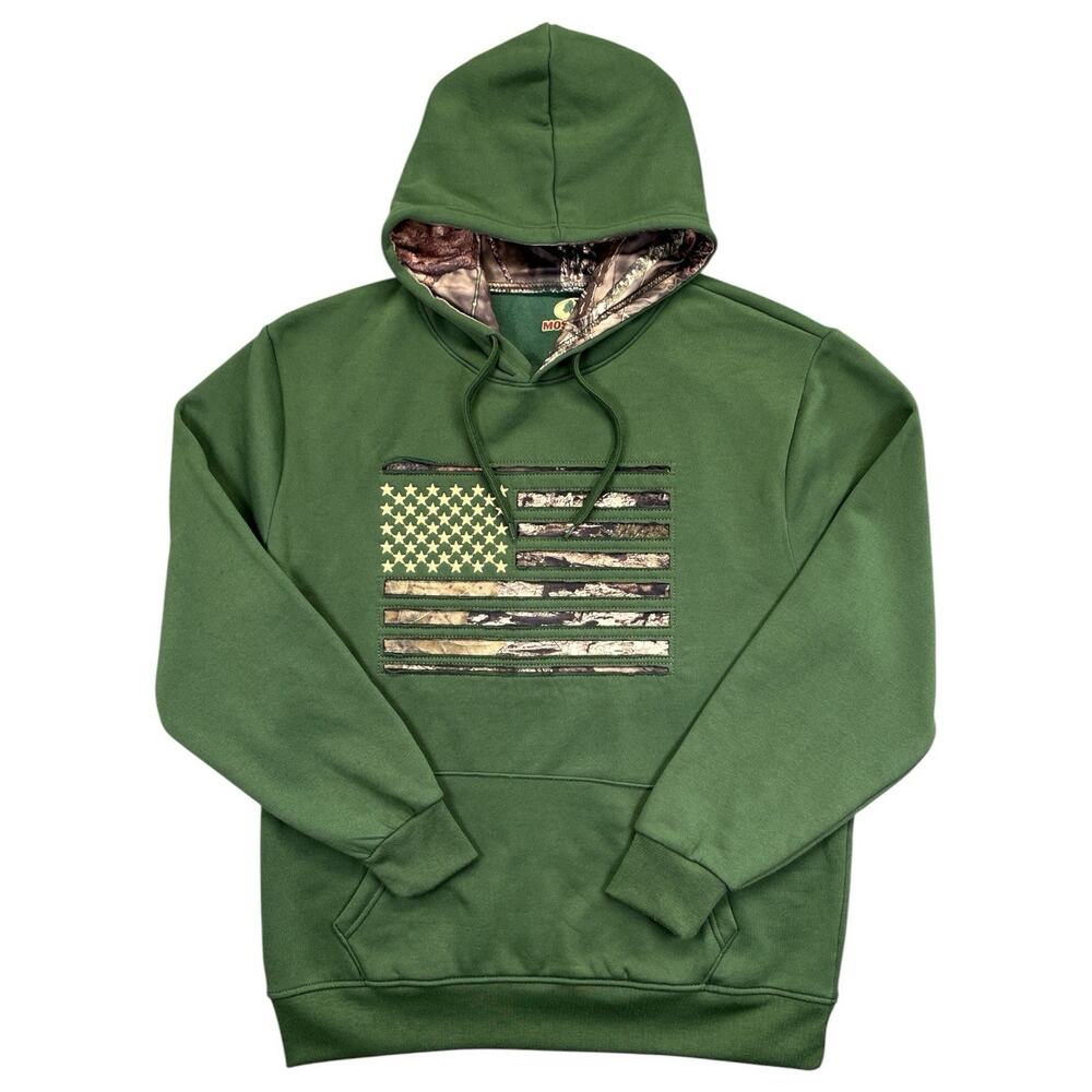 Mossy Oak Flag Hoodie Army Green Kangaroo Pockets Pullover Men L Patriotic